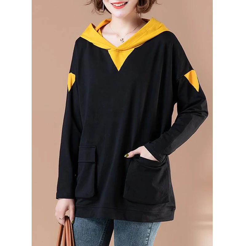 Women Korean Patchwork Streetwear Casual Hooded Sweatshirts Autumn Female Long Sleeve Pockets Hoodies Cotton Loose Pullover Tops