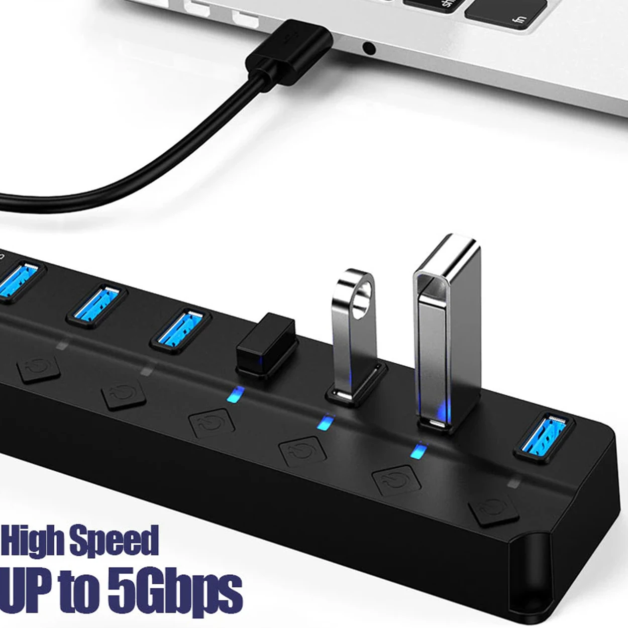 Hannord USB 허브 4/7 포트 5Gbps USB 스플리터, 데이터 전송 독 스테이션, 개별 스위치 LED 표시기, PC 노트북용, USB3.0