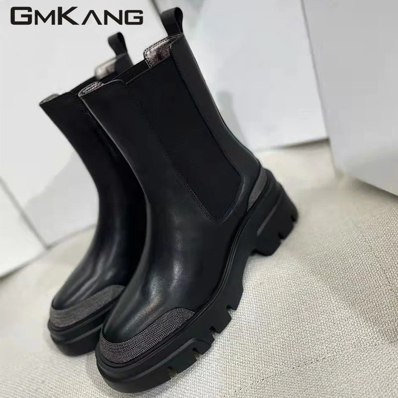 Hot Sale Ankle Boots Women Genuine Leather Black White Short Boots Round Toe Chain Decoration Thick Sole Motorcycle Boots Woman