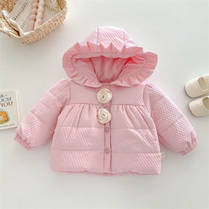 Children's Winter Coat Pink Bow New Hooded and Velvet Warm Thick Cotton Jacket Kids Outerwear Hoody for Girl