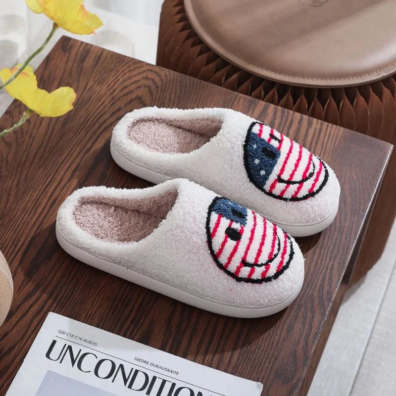 Cute Smiley Face Slippers for Women Men Fuzzy Plush Indoor House Shoes with Non-Slip Sole Cozy Warm Winter Gifts