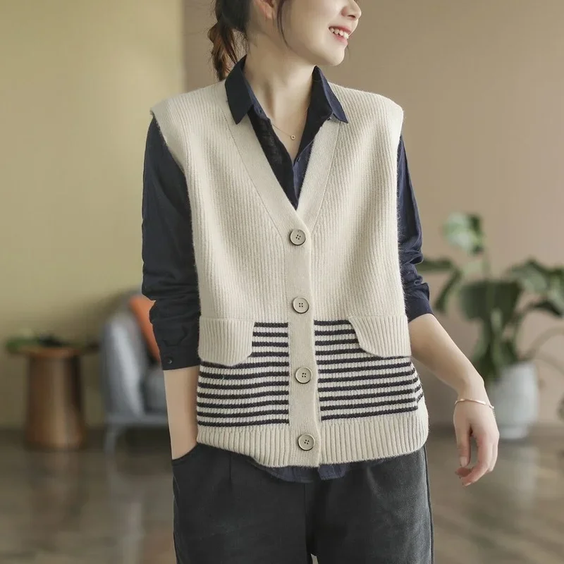 Retro Knit Cardigan Women Vest Spring 2022 Free Shipping Korean Version Loose Women's Patchwork Striped Sleeveless Sweater Coat