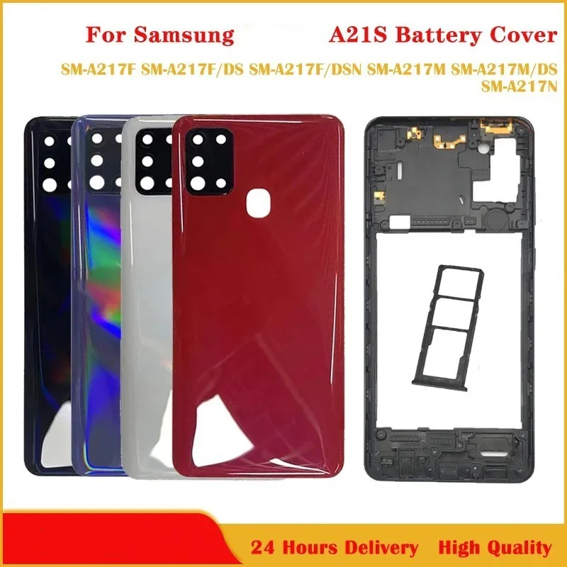 Per Samsung Galaxy A21s A217 A217F Custodia del telefono Telaio centrale chaiss Coperchio posteriore della batteria Coperchio del pannello Coperchio posteriore Obiettivo in vetro della fotocamera