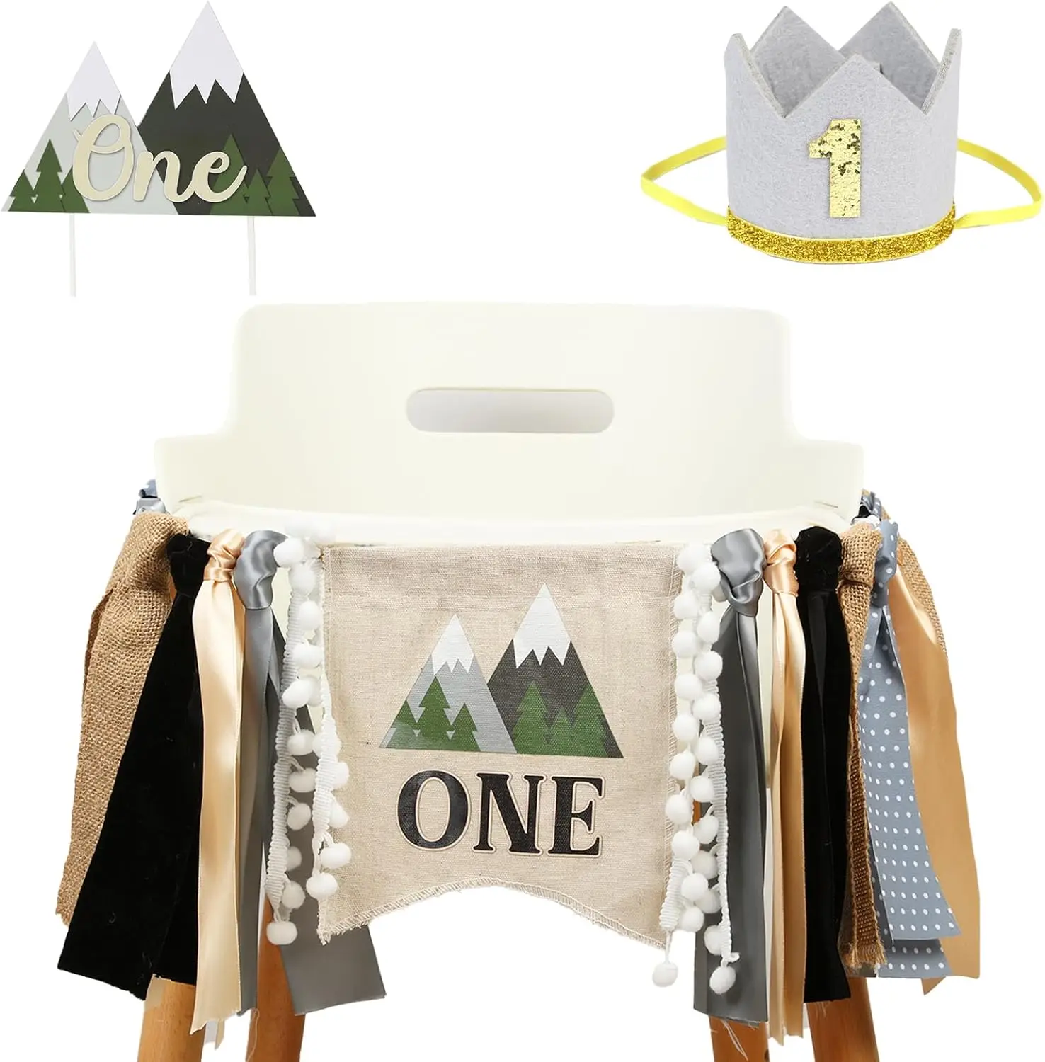 

Mountain 1st Birthday Party Decor Crown CakeToppers Highchair Banner Camping Adventure Bear Celebrating Party Events Baby Shower