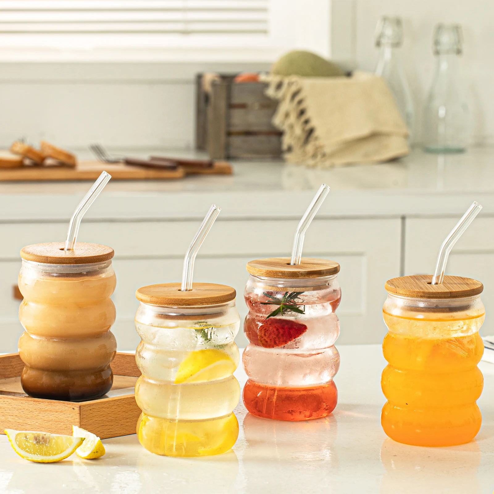 Creative Glass Cup Glass Cup with Lid Straw Heat-resistant Wave Cup Beer Juice Ice Coffee Cups Cocktail Fruit Bubble Glass Drinkware 4PCS