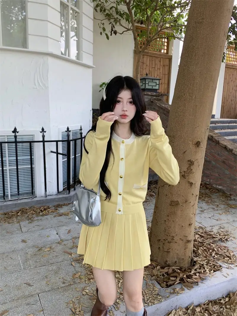 Korean Fashion Knitted Two-piece Skirt Set Women Single Breasted O-neck Top Pleated Mini Skirt Autumn Elegant Outfits Knitwear