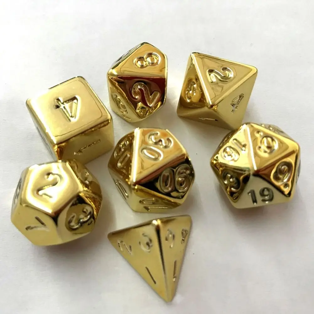 

7Pcs/Set New Gold Plating Dice D&D COC Dice D4 D6 D8 D10 D% D12 D20 Table Games DND RPG Polygonal Dice Set