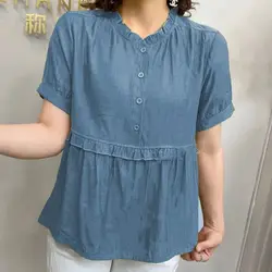 2023 Summer Fashion Trend Simple and Elegant Round Neck Panel Button Wooden Ear Edge Casual Loose Solid Color Versatile Shirt