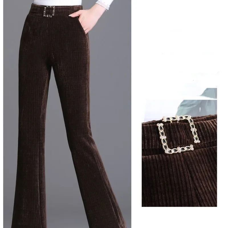 Women's Autumn Winter Solid Screw Thread Elastic High Waist Pocket Belt Casual Loose Wide Leg Trousers Vintage Elegant Pants