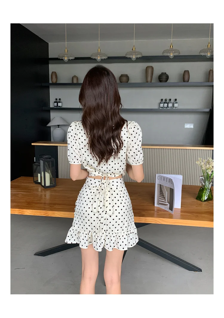 New Summer Two-piece Skirt Set Women Elegant Polka Dot V-neck Cropped Top Bodycon Short Skirt Y2K Sexy Korean Fashion Outfits