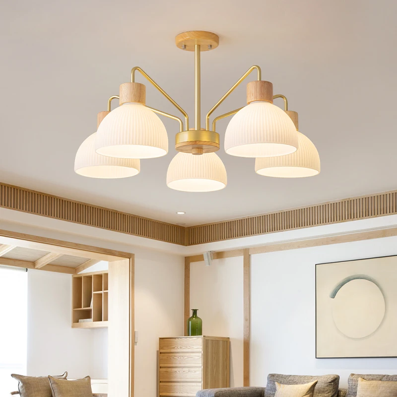 

Nordic wood Japan style chandelier living room rubber glass lampshade bedroom chandelier simple dining room lamp with bulb