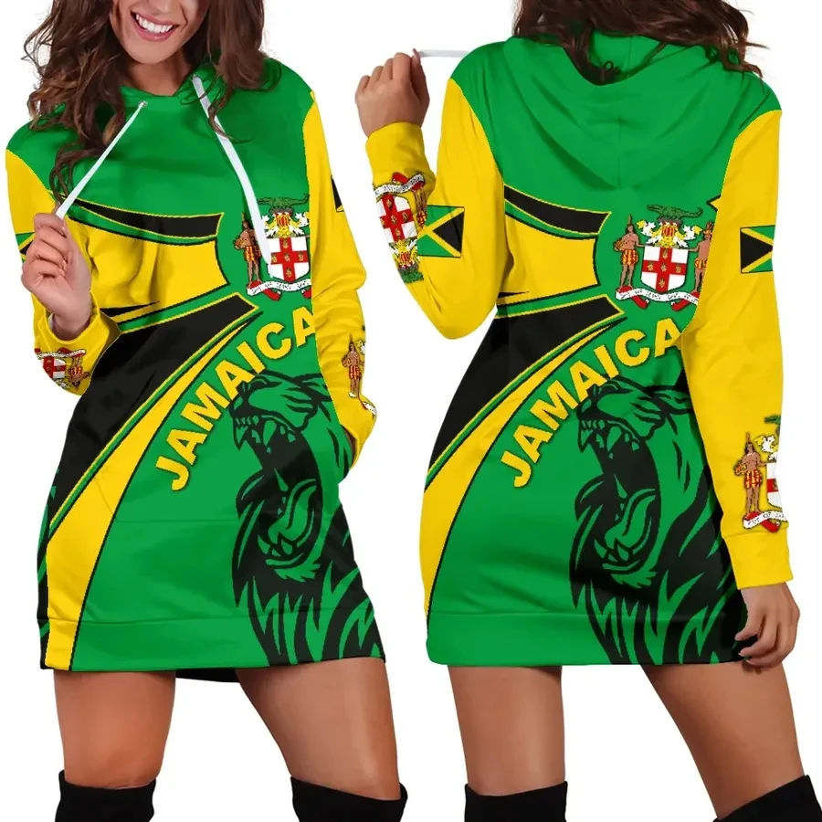 

JAMAICA Emblem Country Flag New Harajuku Novelty 3D Print Autumn Hoodie Dress Women Casual Wear Long Sleeve Hooded Dress