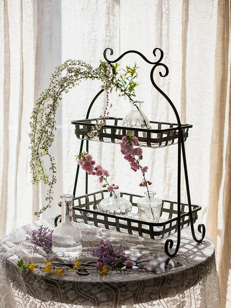 

Iron Flower Rack Storage Rack Double Storage Afternoon Tea Bracket Green Radish Succulent Flower Pot Multifunctional Shelf