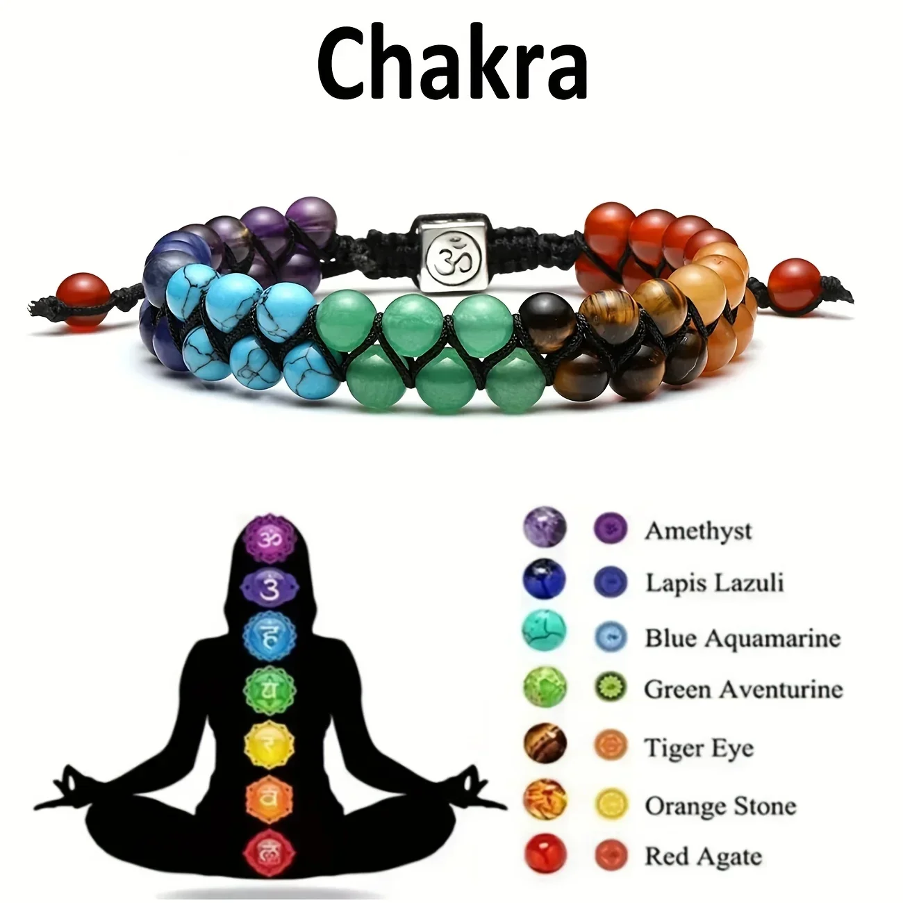 Bague 7 Chakras En Alliage Et Cristal - Perles Rondes - Taille Ajustable - Neuf Avec Étiquettes