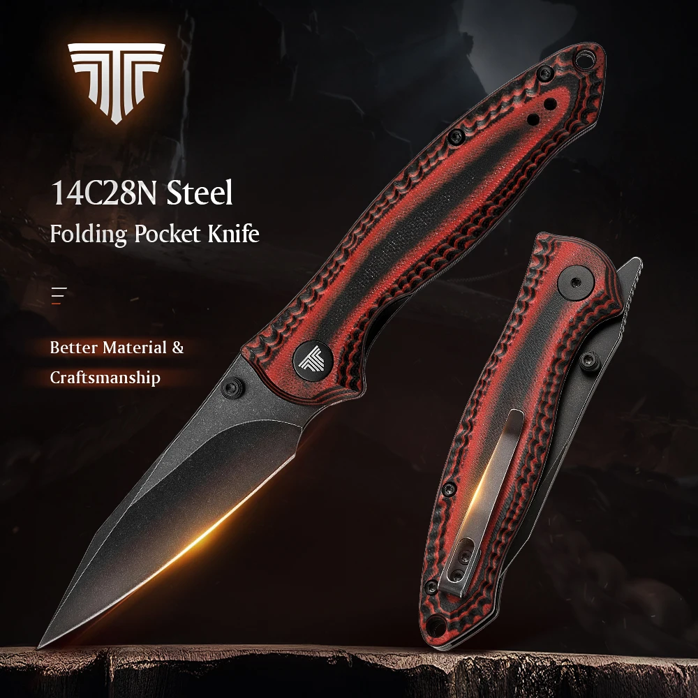 

TRIVISA Pocket Knife for Men，3“ Front Flipper PVD Blackwash 14C28N Blade，Folding EDC Knives with Clip，G10 Handle for Camping