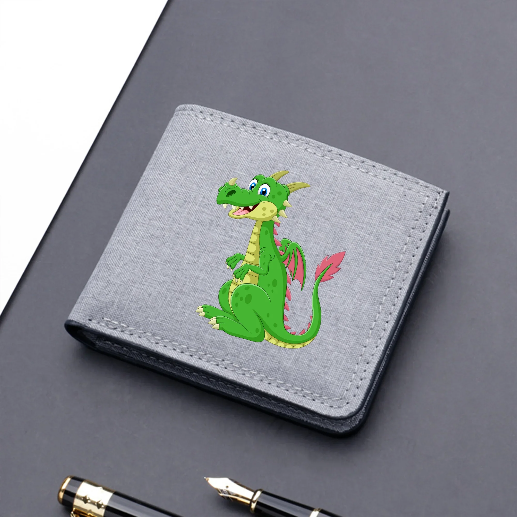 Cute Dragon Print Bifold Wallet Multi-card Card Holder Short Wallet Portable Money Clip Fashion Canvas Christmas Gifts