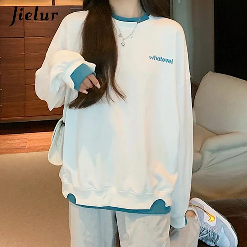 Jielur Harajuku Autumn M-XXL Size Loose Korean Hoodies Women Letter Patchwork Fake Two Piece Blue White Top Female Sweatshirt fashion hoodies down cotton jacket women y2k multi functional fake two pocket zipper clothing female thick coat korean version