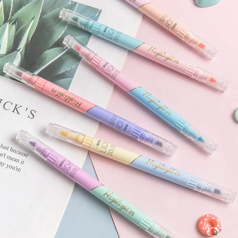 KissButy 6Pcs/Set Highlighter Pen Set Double headed Kawaii Fluorescence Colour School Supplies Marker Stationery Highlighter Marker Highlighter Pen Marker Pen