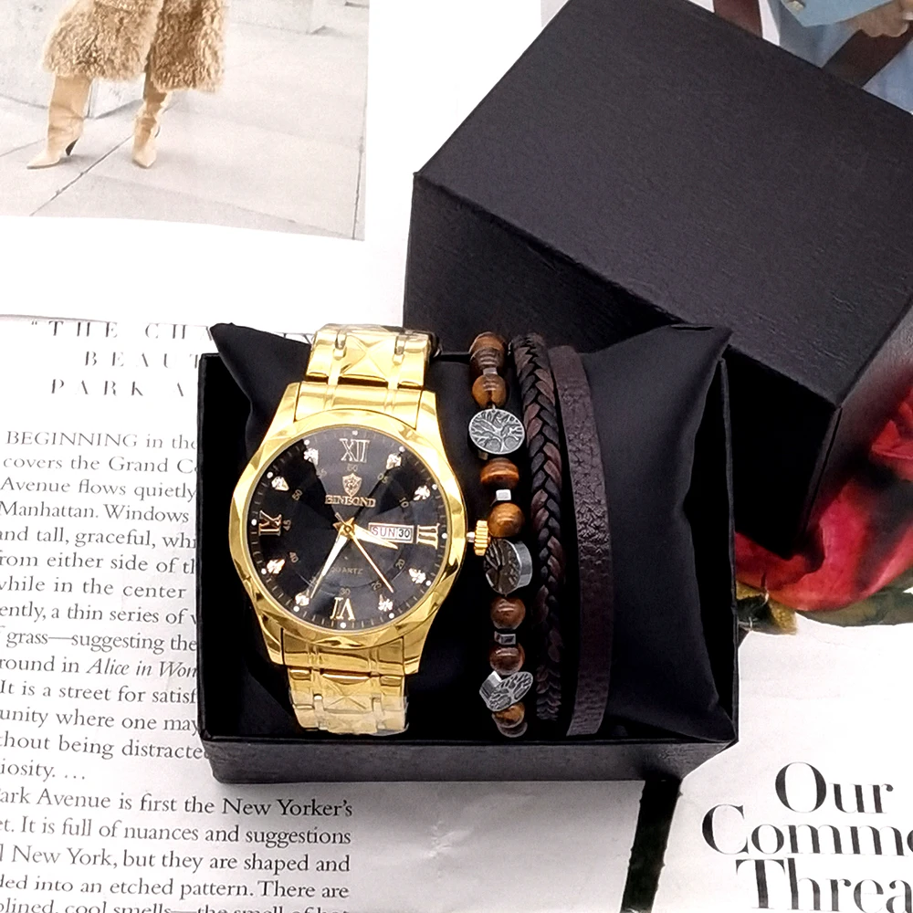 Luxury Top Brand Man Wristwatch Waterproof Luminous Date Week Men Watches Stainless Steel Quartz Men's Watch With Bracelet+Box