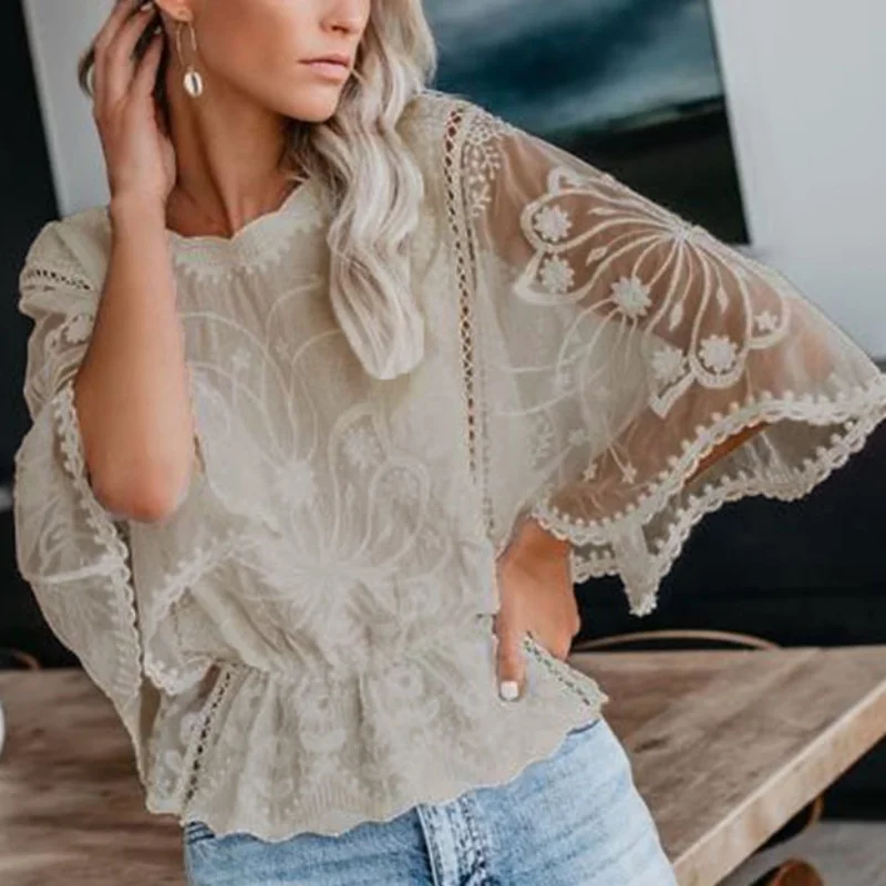 Women Lace Blouses Flower Embroidery Casual Tops