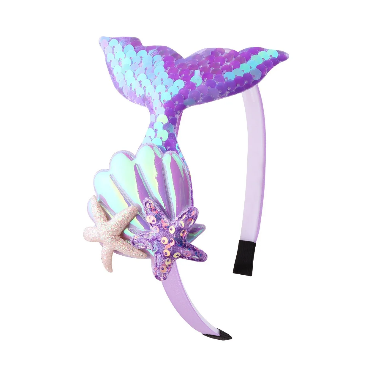 반짝이는 아름다움의 물고기 꼬리 머리띠 소녀가 인어 불가사리 껍질 미끄럼 방..