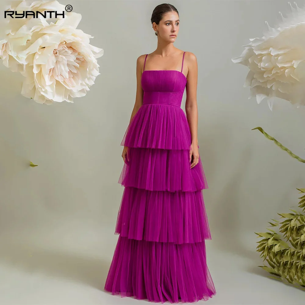 

Ryanth Purple Tiered Tulle Prom Dresses Spagehetti Straps Button Homecoming Party Gowns for Women Formal Evening Dresses gala