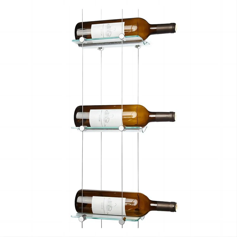 

Wall mount decor hanging wine bottle holder floating cable wine racks with clear glass cradles
