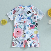 Baby Girls Boys Rash Guard Swimsuit Playsuits Rompers Watercolour Print Zipper Short Sleeve Sun Protection Bathing Suit 2