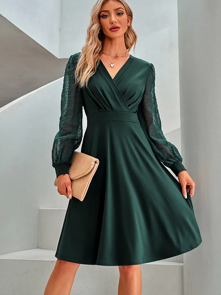 

2023 Elegant Jacquard Midi Dresses Women Autumn Casual Black Puff Sleeve Dress Fashion Ruched V Neck A-line New in Dresses