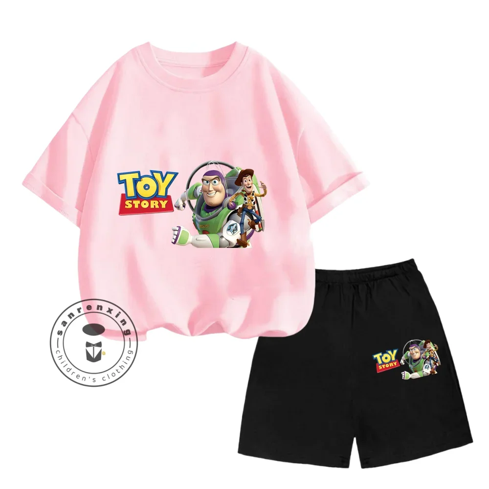 Kawaii Fashion Disney Toy Story Animation Cartoon Print Design O-neck Soft Short Sleeves and Shorts for Boys and Girls Ages 3-14 4