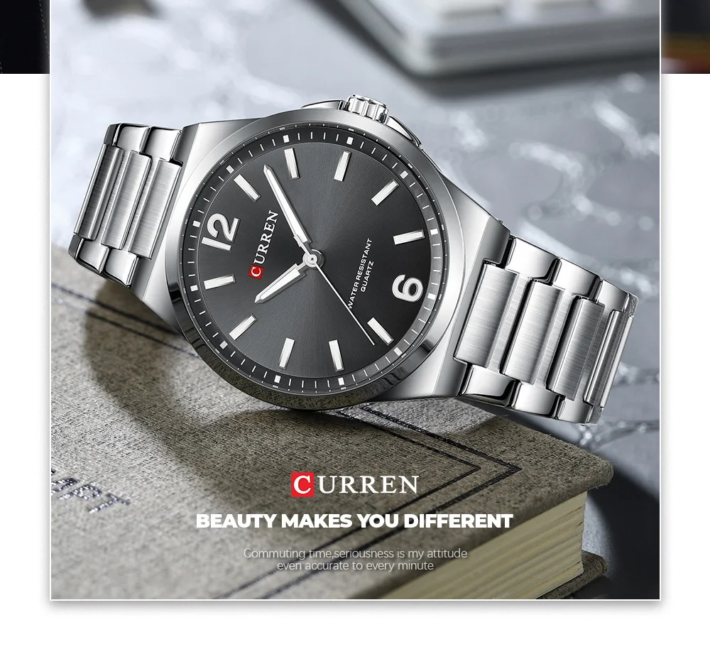 CURREN Minimalist Business Watch for Men Classic Quartz Black Wristwatch with Stainless Steel Band Luminous Hands Waterproof