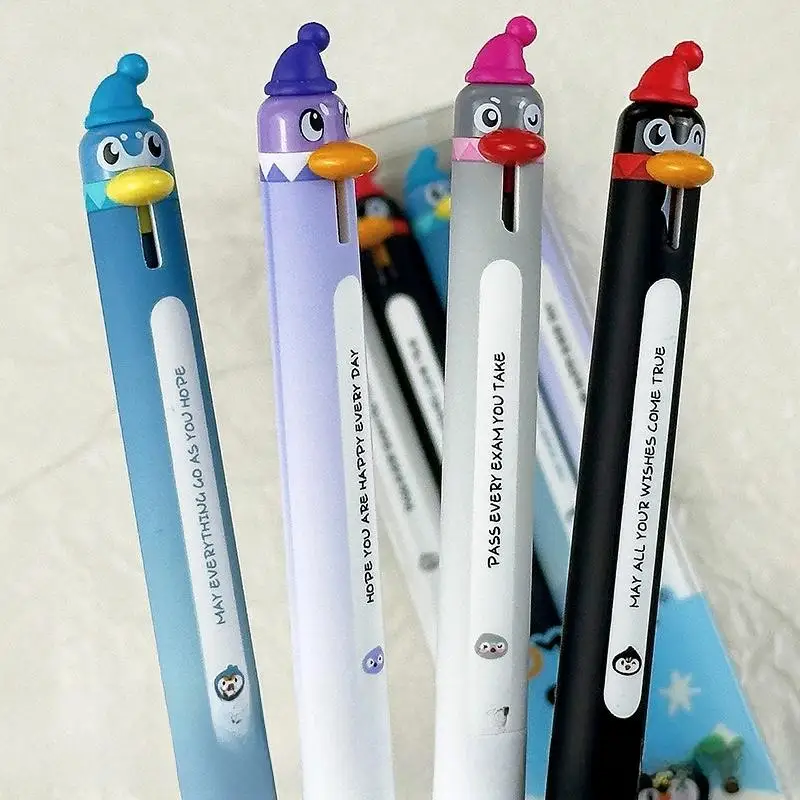 새로운 4Pcs 0.5mm 블랙 파인 포인트 개폐식 빠른 건조 부드러운 쓰기 펜 크리 에이 티브 펭귄 디자인 젤 펜 편지지