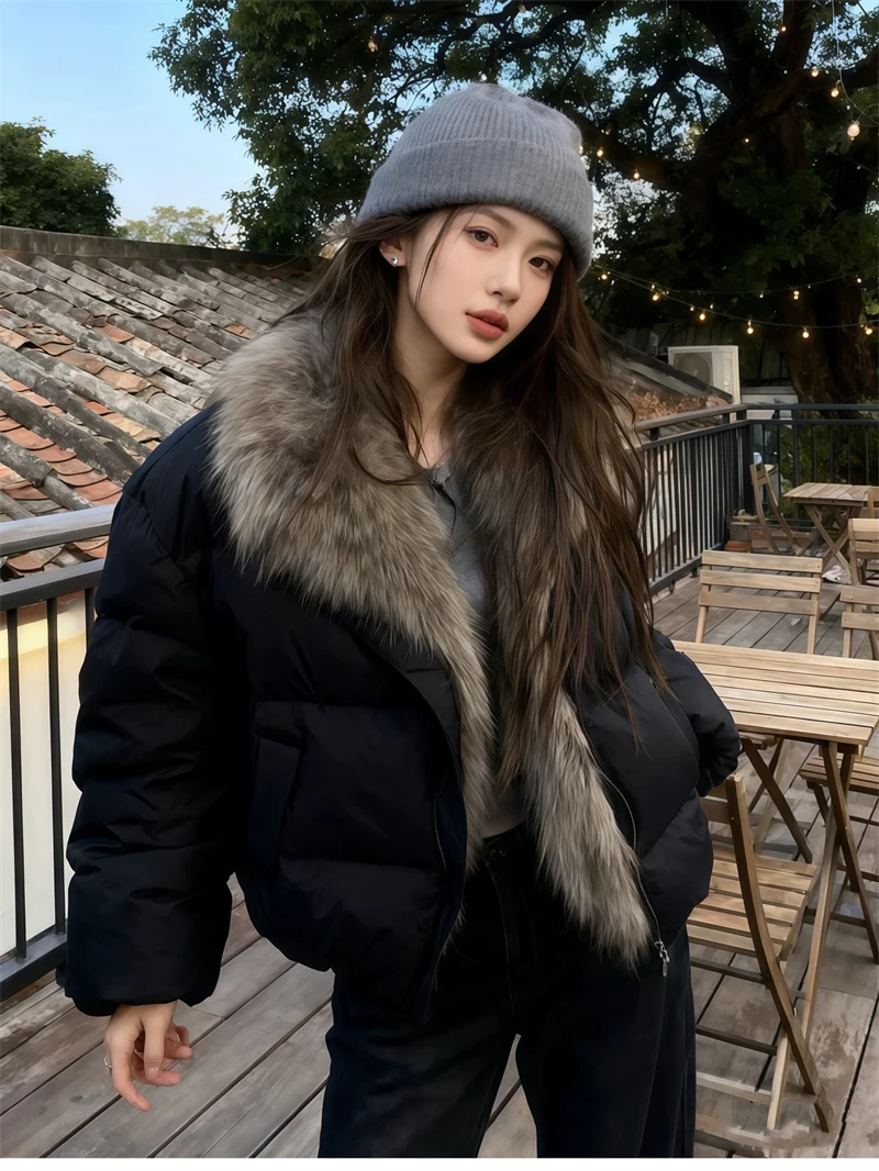 ZAROY Women's Winter Jacket Luxury Fox Fur Collar Puffy Thicken Warm Cotton Short Coat High Street Fashion Outwear Parkas куртка