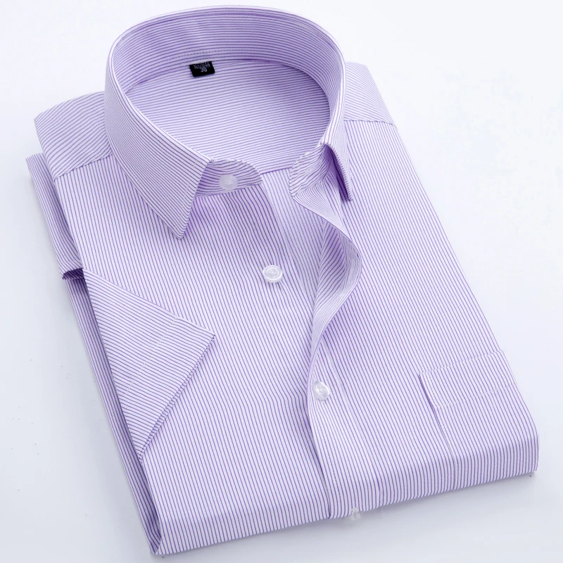 Men Summer Vertical Striped Short-sleeved Cotton Shirt Single-breasted Square Collar Shirt Left Chest Pocket