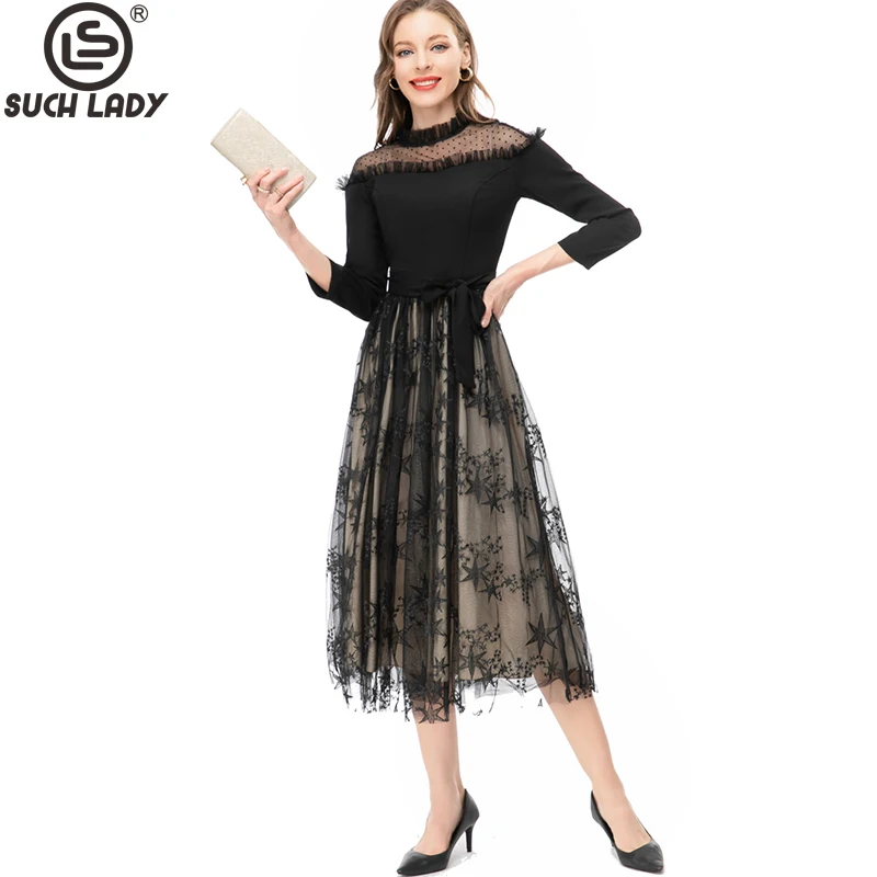 

Women's Runway Dresses O Neck Long Sleeves Lace Patchwork Ruffles Printed Stars Fashion Designer Vestidos