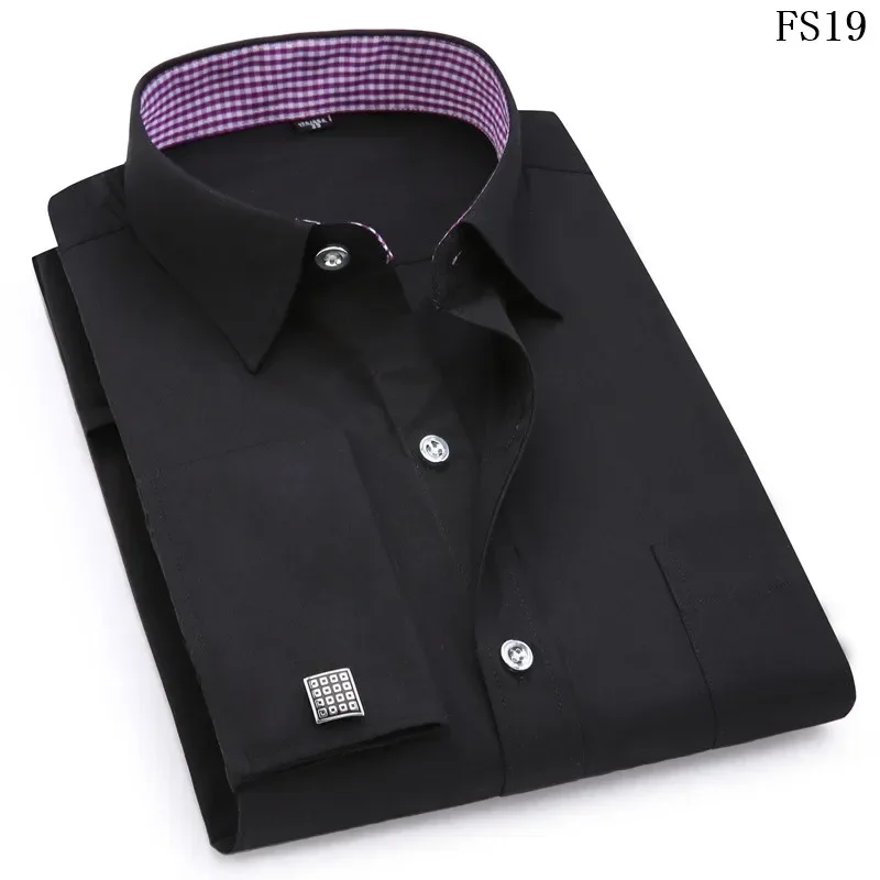 Large size Men French Cufflinks Shirts White Collar Design Solid Color Jacquard Fabric Male Gentleman Dress Long Sleeves Shirt