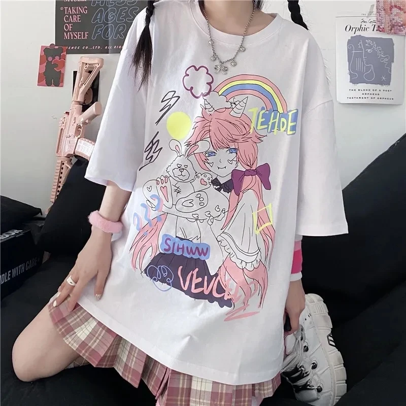 Camiseta de manga corta con estampado de Anime para mujer, ropa gótica  holgada, estilo Harajuku, Tops para mujer| | - AliExpress