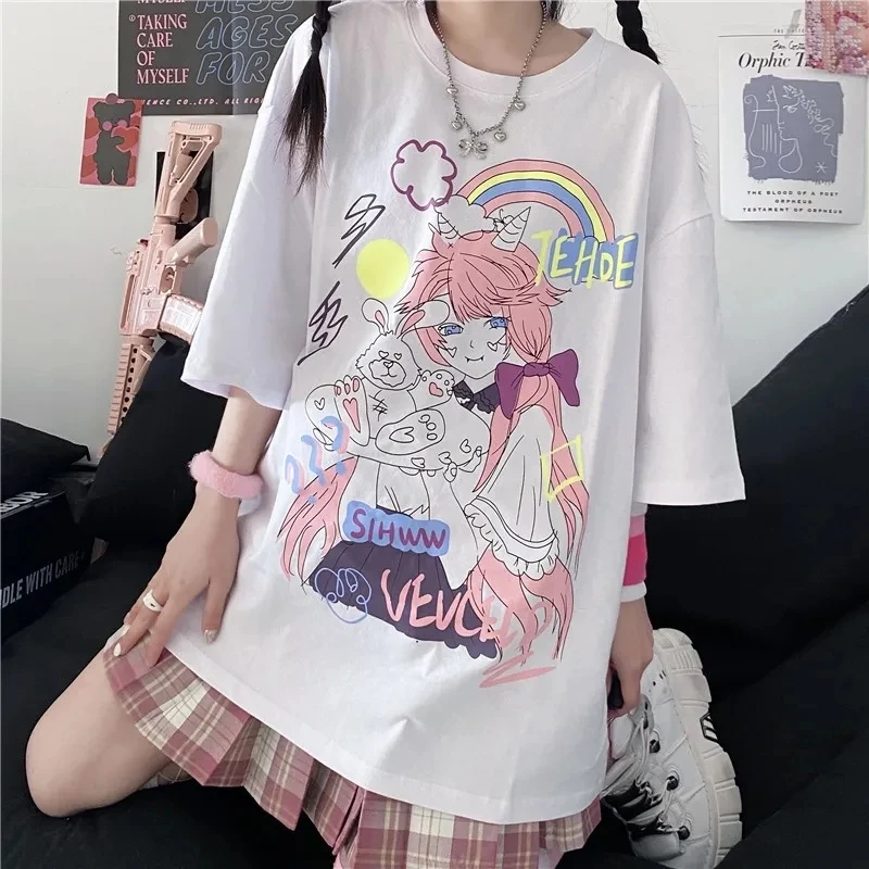 Camiseta de manga corta con estampado de Anime para mujer, ropa gótica holgada, Harajuku, Tops para mujer| | - AliExpress