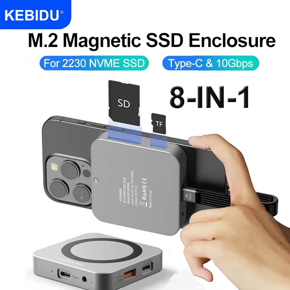 Ssd Enclosure Hard Drive Enclosure 8-IN-1 Magnetic 2230 M.2 NVMe SSD Enclosure 10Gbps SSD Case USB C 3.2 Gen2 to NVMe PCI-E 100W Charger For iPhone15 Pro MacBook