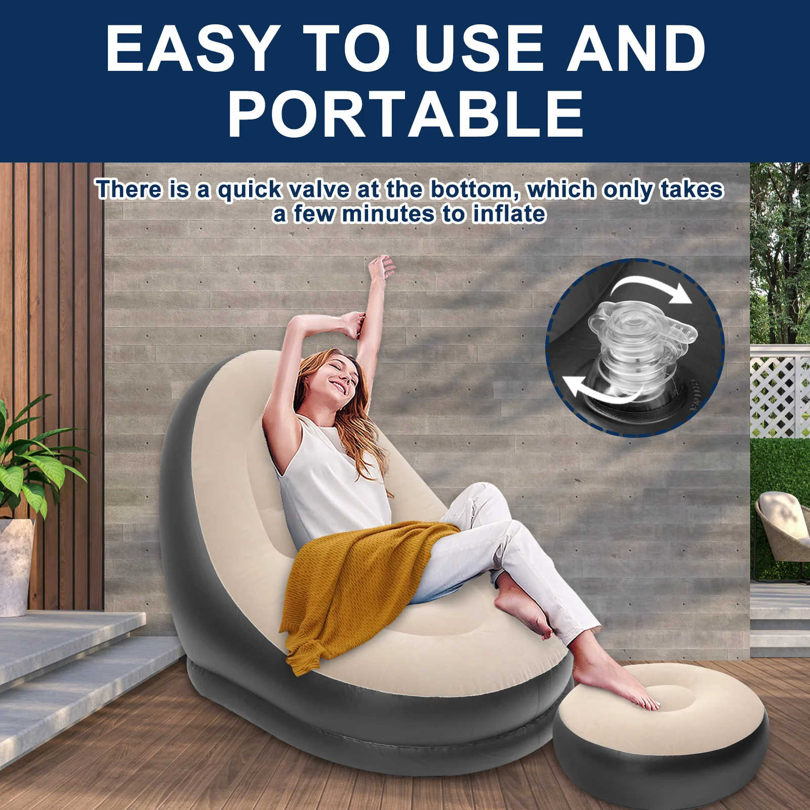 Portable Inflatable Lazy Chair PVC Air Couch Sofa with Foot Pad & Repair Patches Ergonomic Blow Up Lounger Chair for Living Room