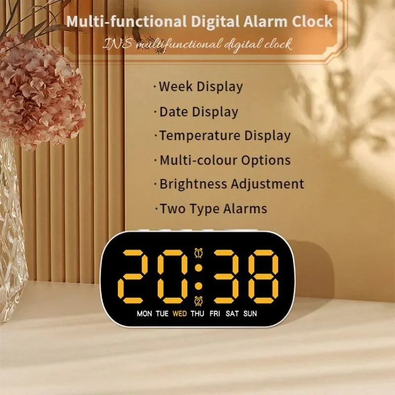 Compact LED Digital Alarm Clock with Temperature Display & Adjustable Brightness