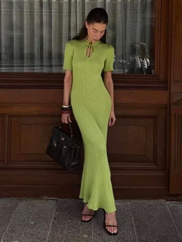TARUXY Short Sleeve Knitted Long Dress Female Slim Hollow Retro Elegant Sweater Dress 2025 Summer New High Waist Women‘s Dress 1