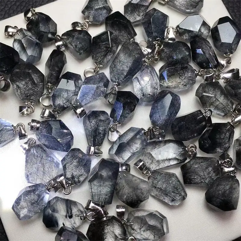 

S925 Natural Black Silver Rutilated Quartz Freeform Pendant Crystal Carving Polishing Mature Charm Jewelry Holiday Gift 1PCS