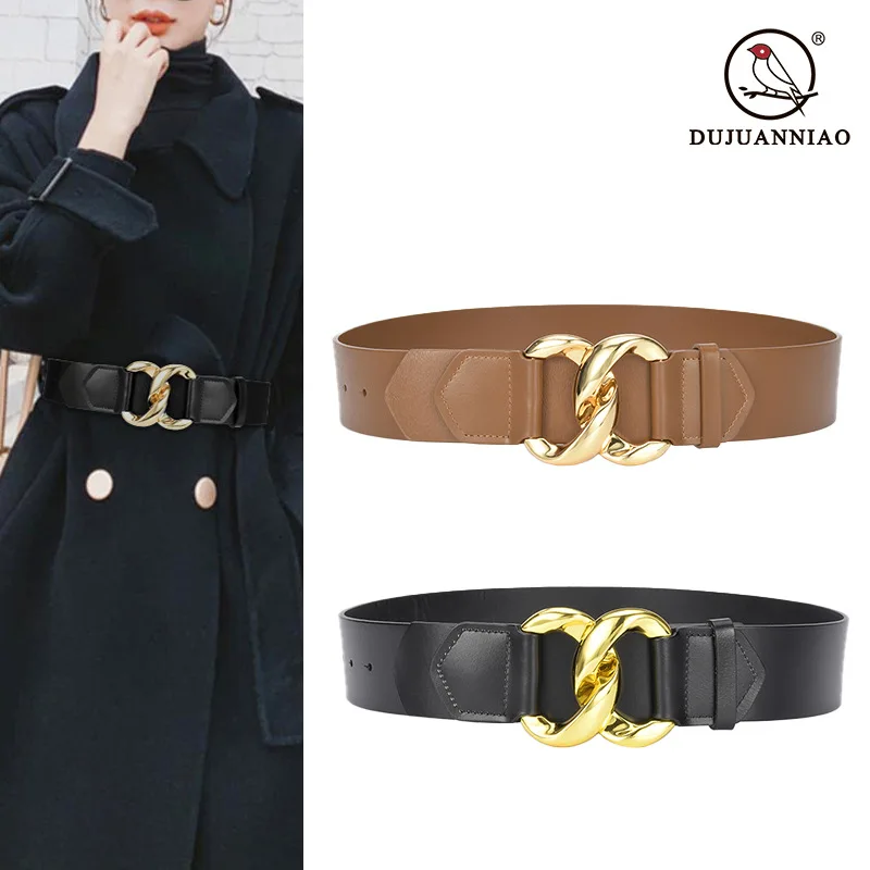Women’s cowhide waist belt with gold buckle, wide design