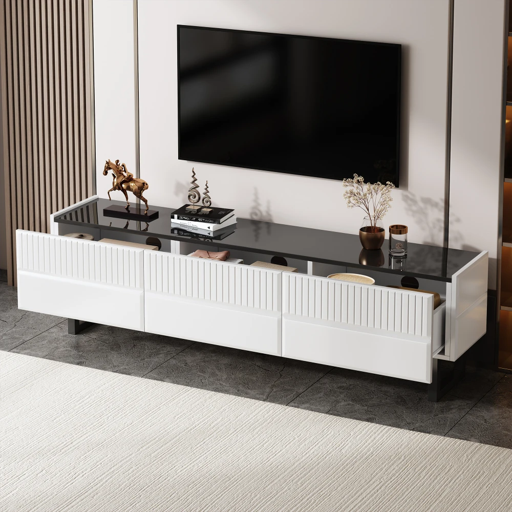 Moderne, minimalistische Couchtisch- und TV-Schrankkombination, Aufbewahrungsmöbel-Set in schwarz-weißen Streifen, Wohnzimmermöbel – Detail 3
