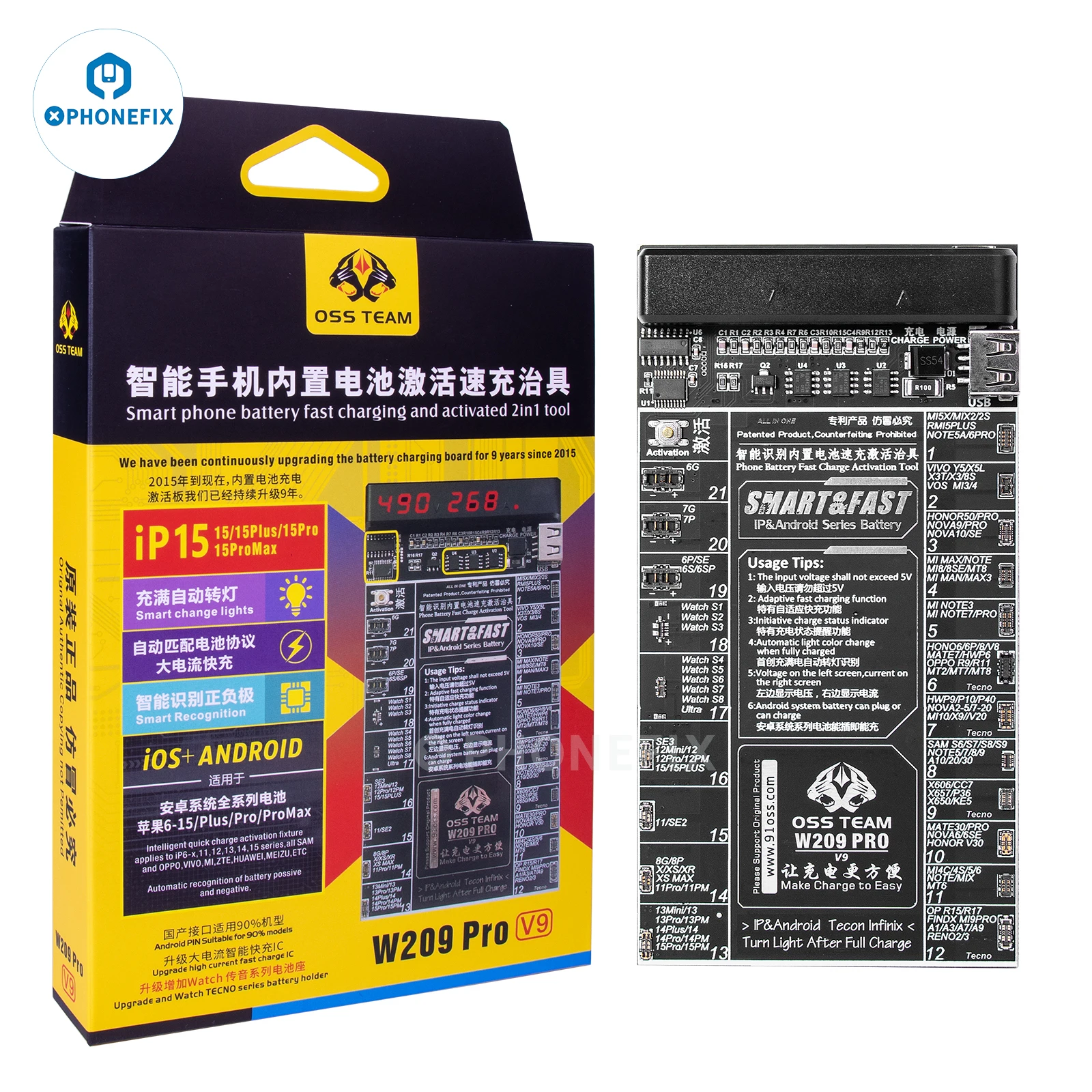 Mobile Phone Battery Board W209 Pro V9 Battery Activation Board For iPhone 6 7 8 X 11 12 13 14 15 Samsung Xiaomi Android Circuit Board Fast Charging Tester