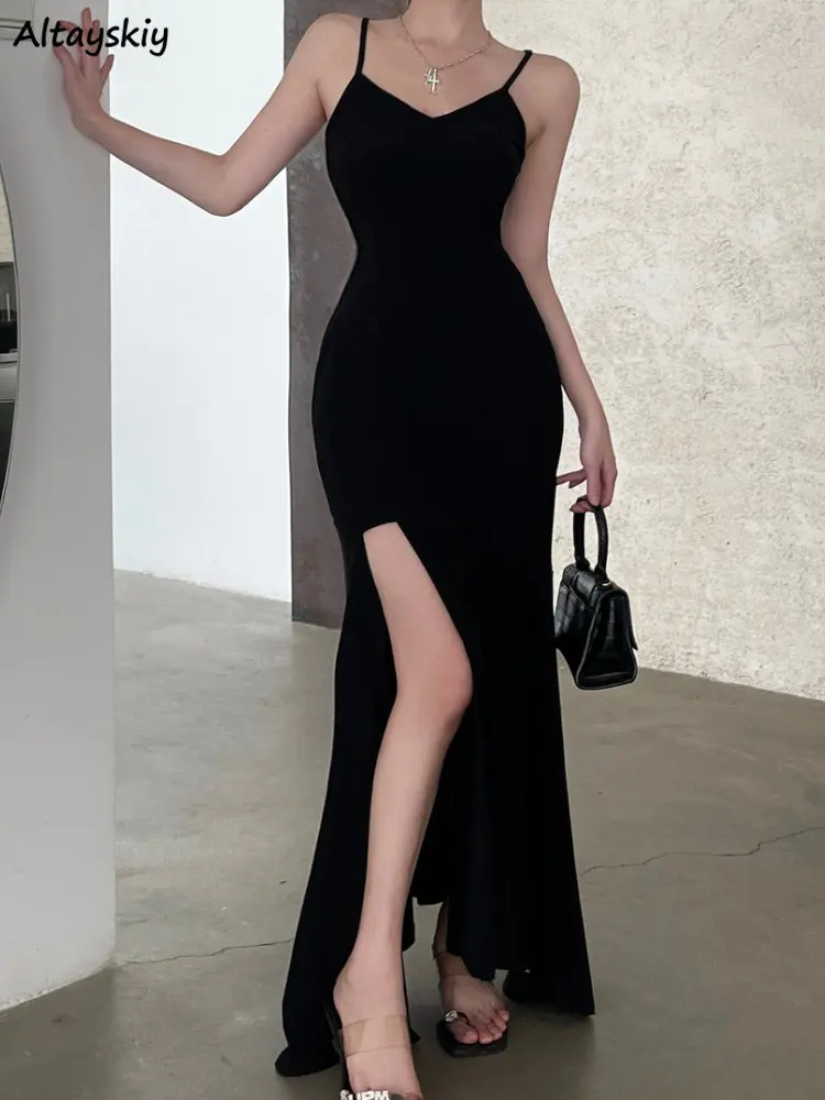 

Maxi Dress Women Black Trumpet Side-slit Sexy Backless Elegant Summer Irregular Simple Bodycon Lady Style Vintage All-match 2023