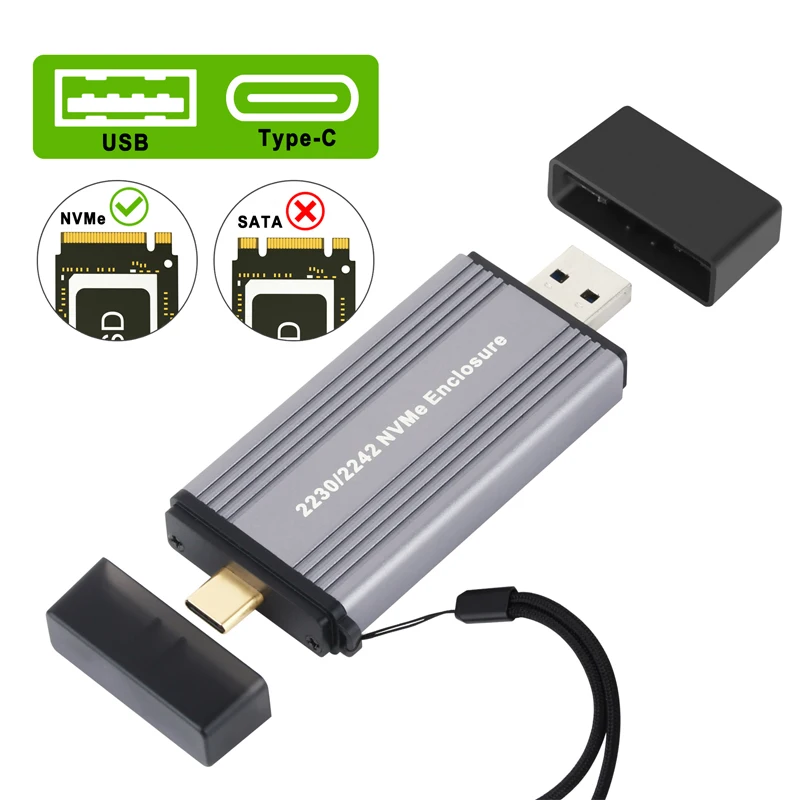 

NVME Case SSD M2 Adapter NVME External Enclosure NVME M/M+B Key to USB 3.1 TYPE-A + TYPE C 10Gbps Supports 2230 2242 M.2 SSD Box
