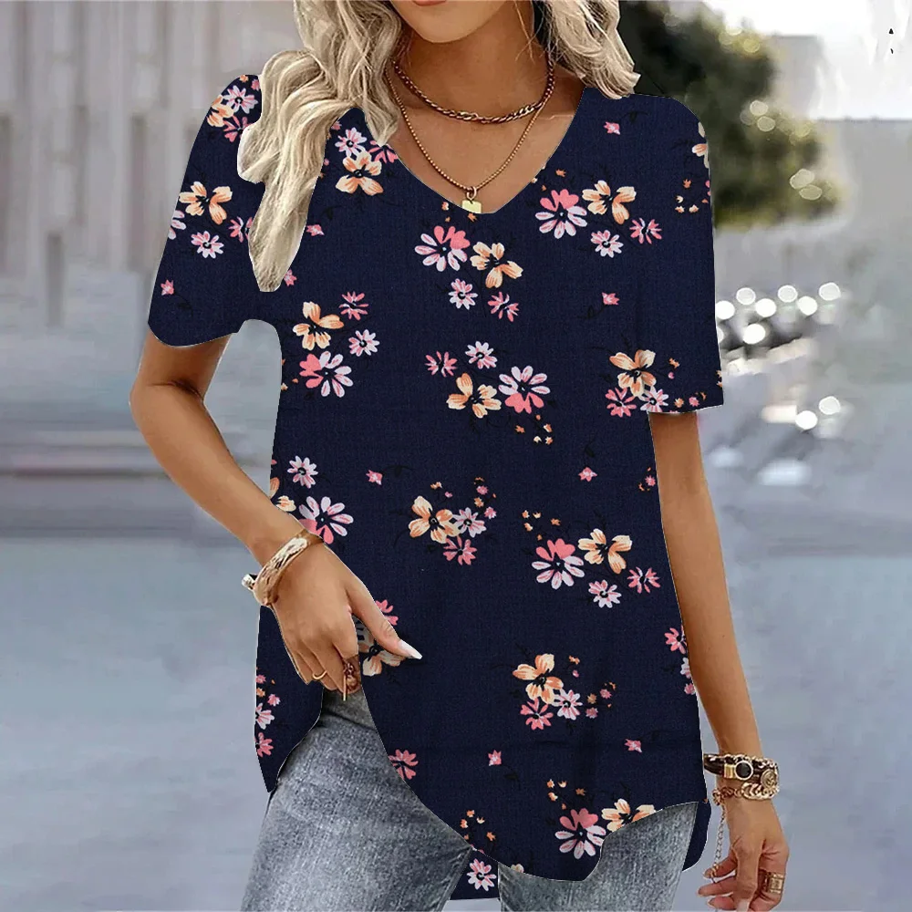

2024 Women's T-shirt New Fashion Summer Floral Printed V-neck Short Sleeve Tee T-Shirt Casual Loose Streetwear Color Blouse Top