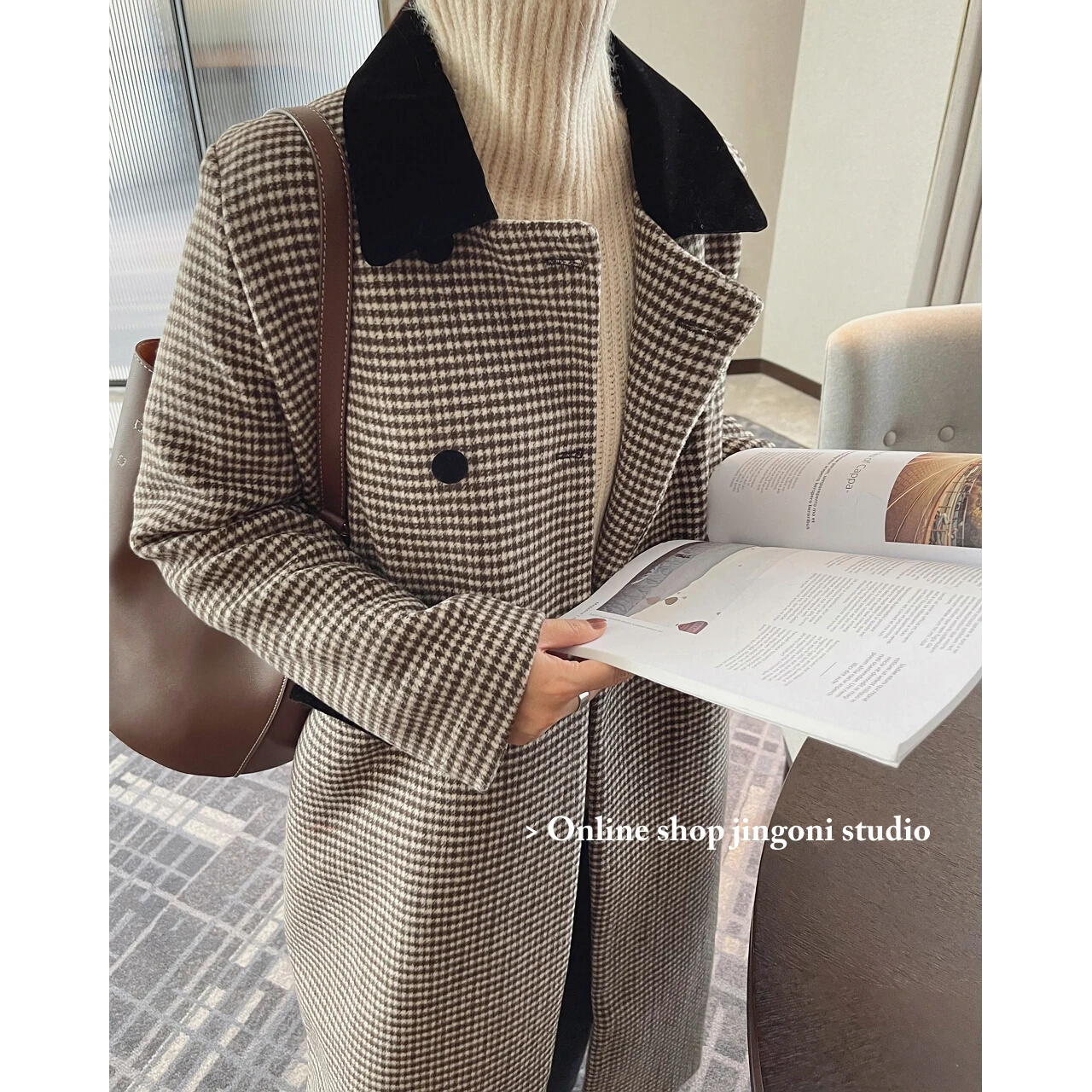 

2022 Woman Oem Plaid Woolen Tweed Heavy Blazers Long Jackets Coats Clothes Korean Fashion Tops Vintage Winter Trench Overcoat